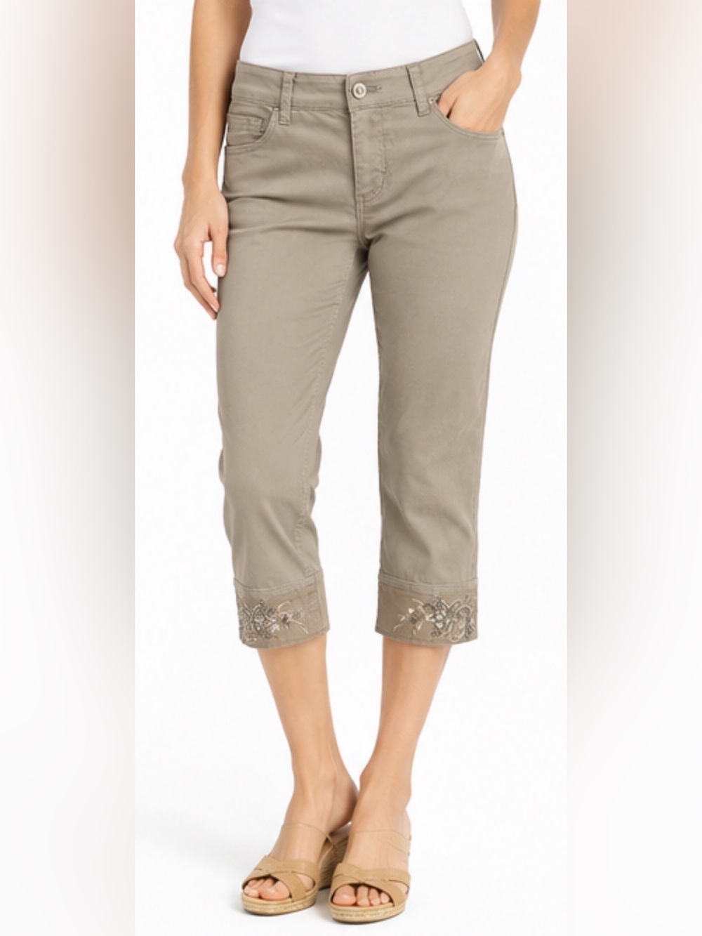 Coldwater Creek NWT Embroidered Beaded Crop Pants Khaki Size 4